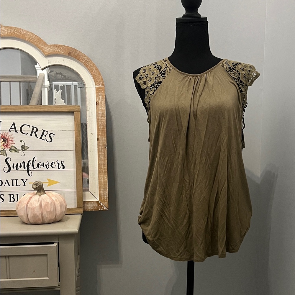 H&M Olive Green Blouse with Lace Shoulders